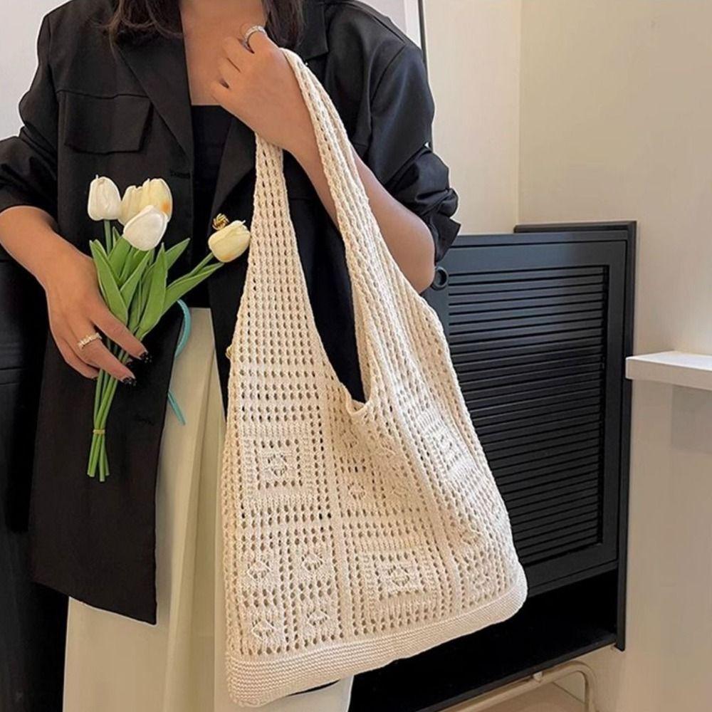 Woven Crochet Mesh Bag Solid Color Shopping Handbag Simple Knitting Shoulder Bag Summer