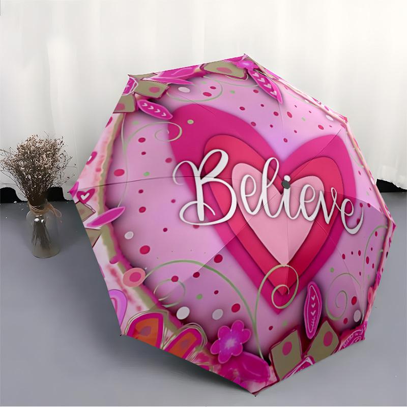 1pc Believe Heart Decorative Auto-Fold Umbrella with One-Touch Open/Close - 8 Reinforced Ribs for Windproof Stability, yy251118170