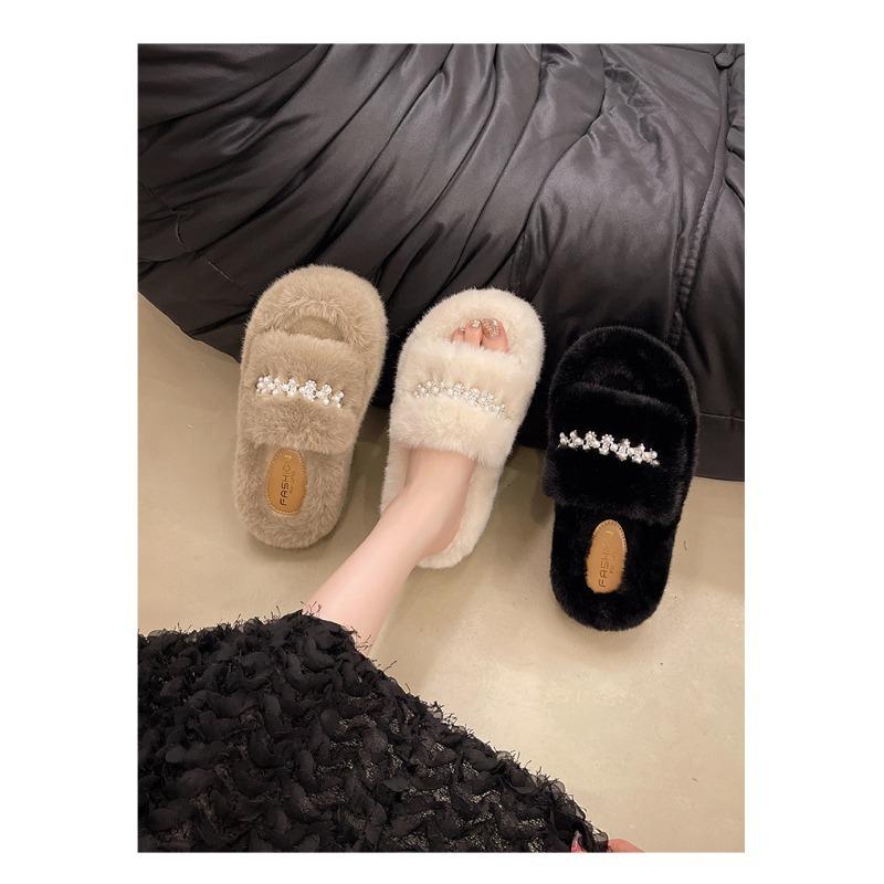 Осень и Зима Новые Жемчужные Сказочные Меховые Тапочки Милые Домашние Толстая Подошва Старшие Меховые Тапочки