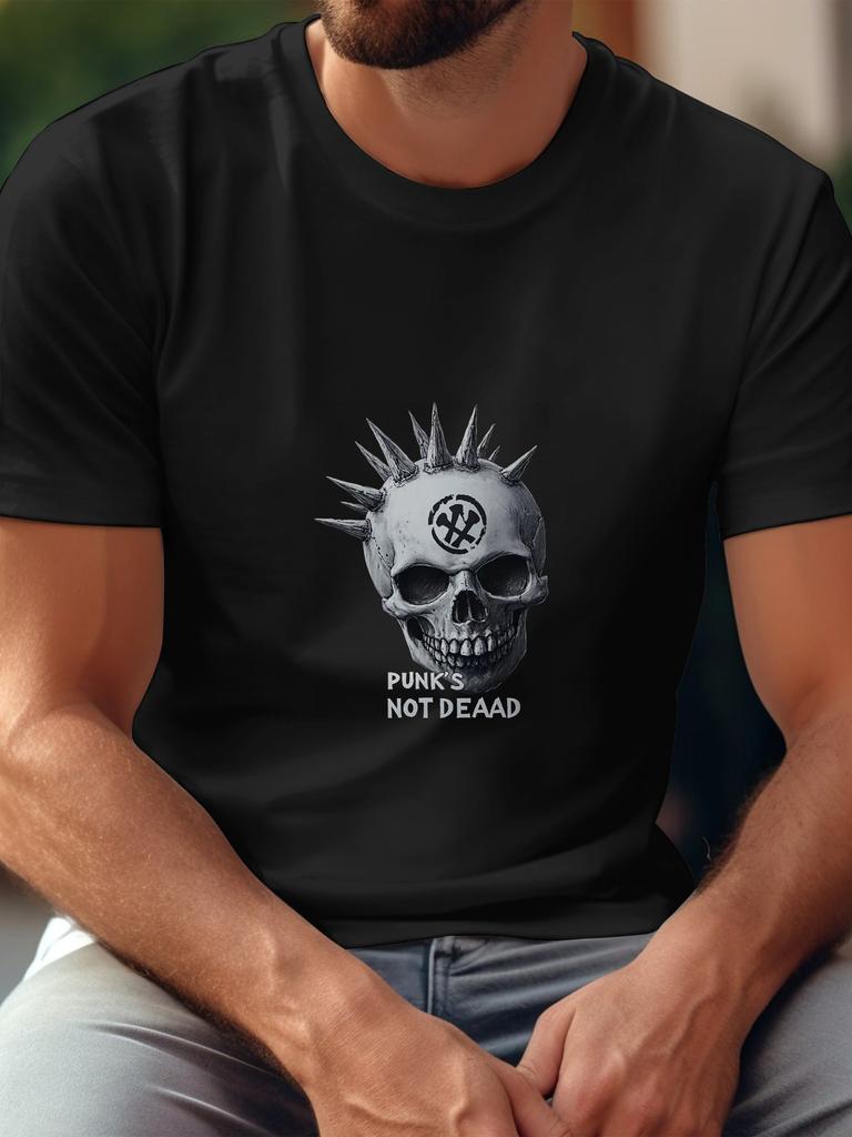 Punk Anarchy Skull Graphic Black T-shirt - 180g Cotton Crew Neck Short Sleeve Tee with "Punk's Not Dead" Print