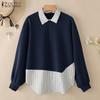 ZANZEA Women Stripe Splice Turn Down Collar Long Sleeve Thin Pullover Sweatshirt