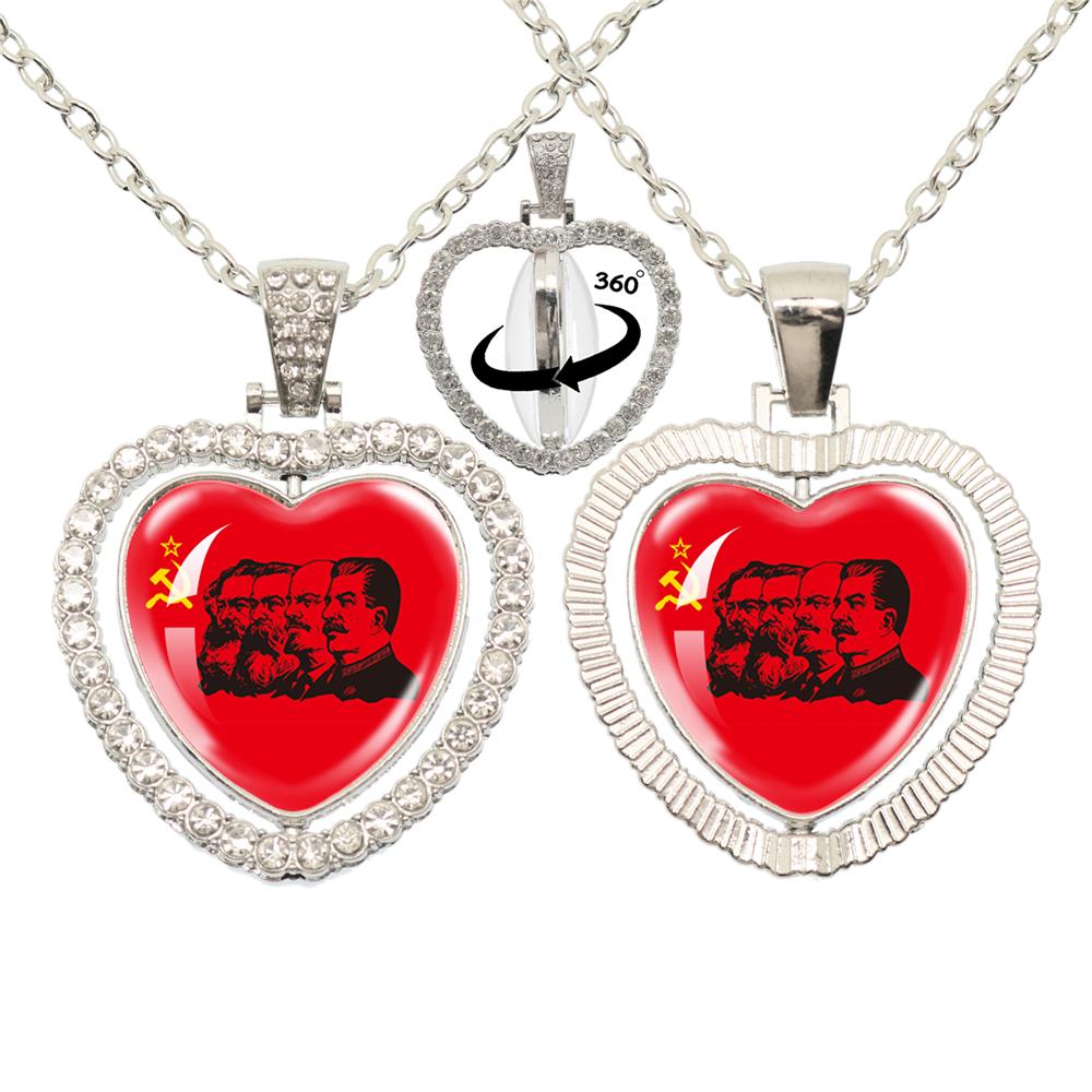 Vintage Ussr Soviet Badges Sickle Hammer Heart shaped Pendant Necklace Cccp Fashion 360 Degree Rotary Rhinestone Jewelry