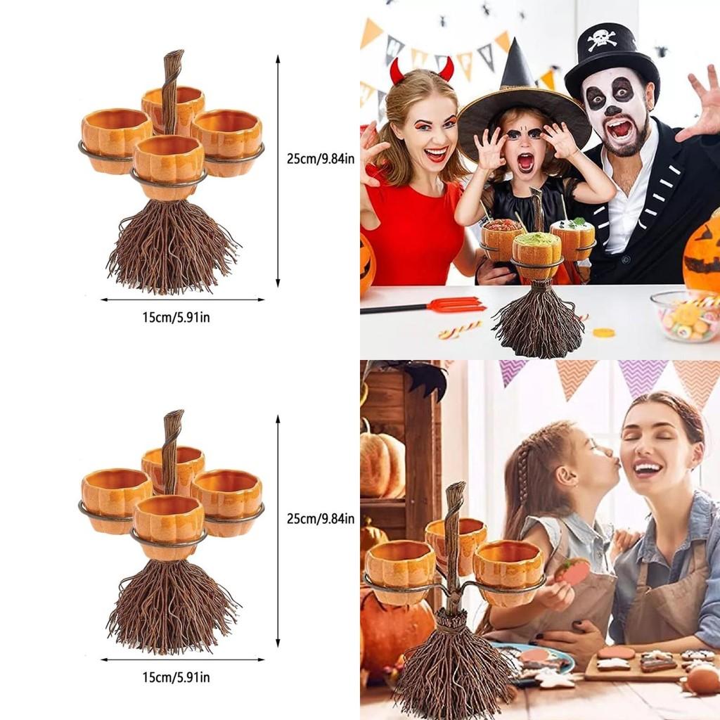 Очаровательный Хэллоуинский Набор Декоративных Украшений из Смолы в Виде Тыквенной Чашки и Метлы для Праздничного Домашнего Декора