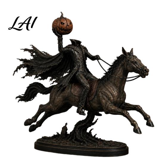 Artistic Desktop Sculptures Lighted Headless Horseman Statue Light Up Riding Horse Warm Gothic Home Decor Glow LED Pumpkin Head Sculpture for
