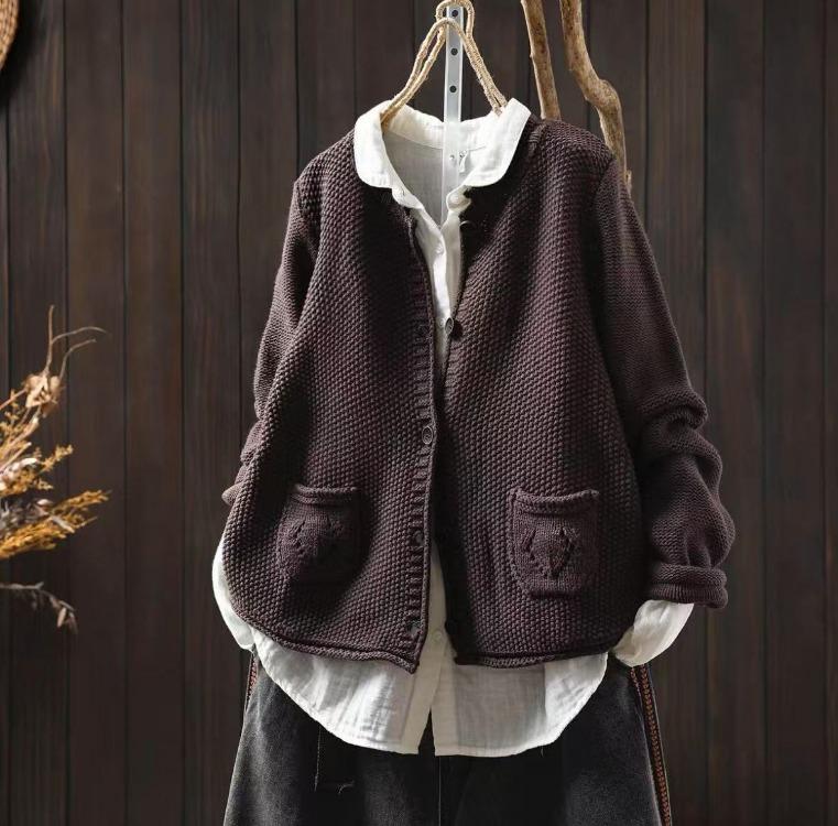 Вязаный свитер в винтажном стиле для женщин, осенний, повседневный, однотонный, на пуговицах, с карманами-аппликацией