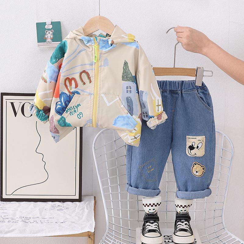 0-5 лет Комплект с длинными рукавами для мальчиков Детская куртка с граффити Повседневная Джинсовые брюки Комплект из двух предметов Детская одежда для мальчиков