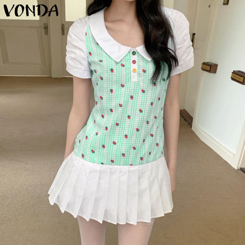 VONDA Women Lapel Neck Short Sleeve Plaid Print Patchwork Ruffled Mini Dress