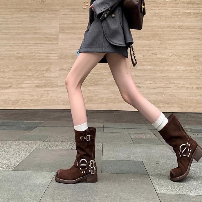Ботинки Mu Frosted Leather Retro Western Mid-Tube — осень/зима, толстый каблук, стиль Knight Martin с потертыми цветами