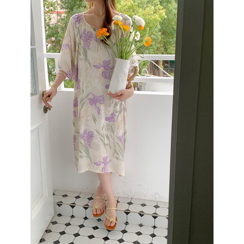 1011 new cotton and silk nightdress women's high-end printing short-sleeved long dress large size thin can be worn outside loungewear
