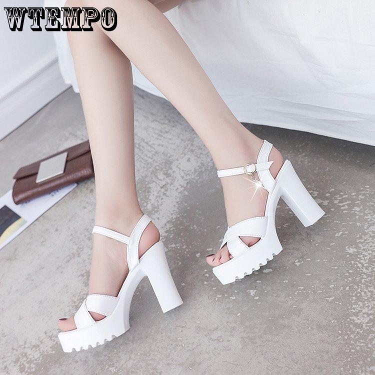WTEMPO Women Large Size Roman High Heel Sandals Female Black White Casual Non Slip Korean Fish Mouth Sandals