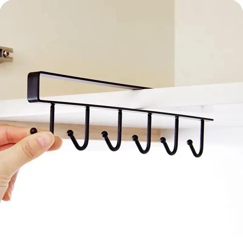 6 Hooks Multifu Cup Holder Hang Cabinet Under Shelf Rack Metal Household Kitchen Cupboard Cabinet Storage Organiser Hooks Racks