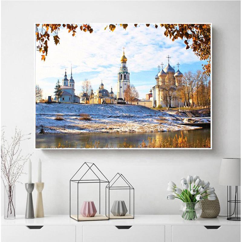 Полный дрель Алмазная вышивка Осень Ручная распродажа Алмазная картина Пейзаж Мозаика Замок Рукоделие Настенное искусство