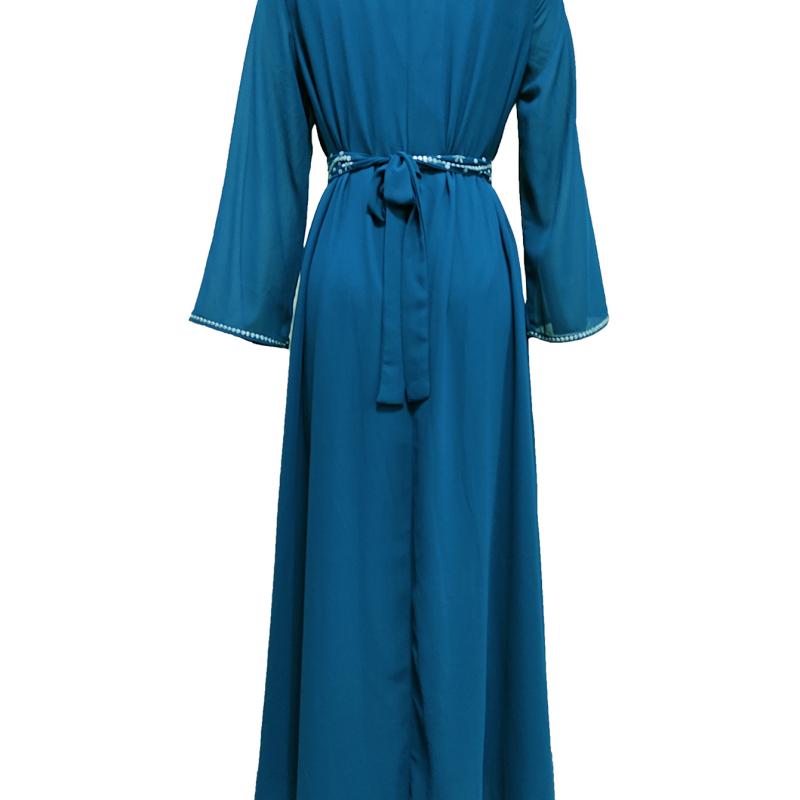 Luxury Women's Embroidered Dress for Muslim Parties, Waist Tied and Slim Fitting Long Style