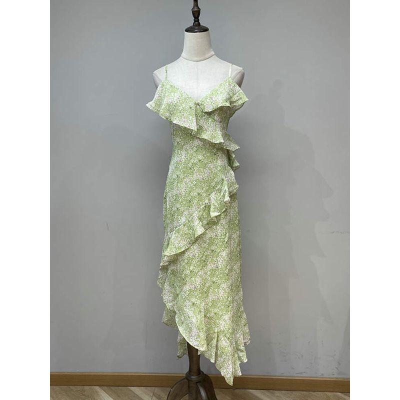 Spring and Summer Standard American Single ASTR Fresh Oxygen Feeling Green Frill White Floral Sling Fairy Dress
