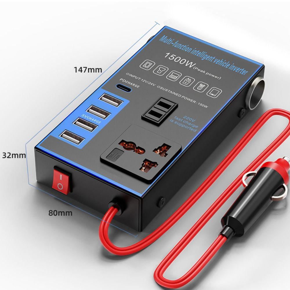 Портативный Универсальный Автомобильный Инвертор DC 12V/24V в AC 220V Высокомощный Автомобильный Преобразователь Розетка 4 USB/PD 1500W Адаптер Питания