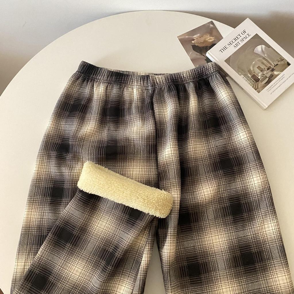 Women's High-Waisted Fleece-Lined Wool Plaid Wide-Leg Pants
