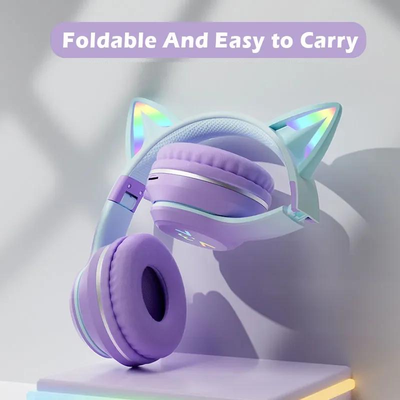 2024 New Cute Cat RGB Colour Lights Wireless Headphones Bluetooth 5.1 Stereo Music Gaming Headsets for Girls Kids Gift Headset with Microphone