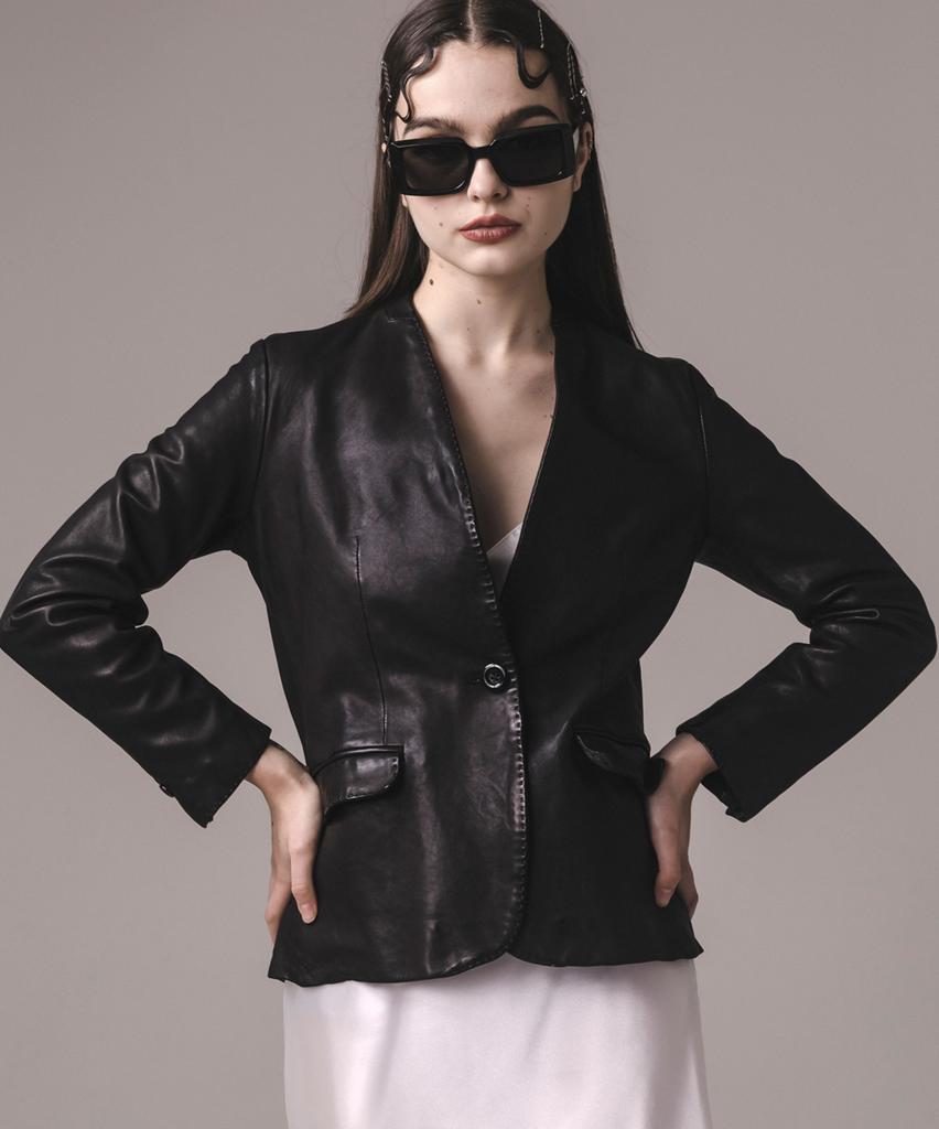 Flask Lambskin Collarless Rider Jacket Woman-Bk