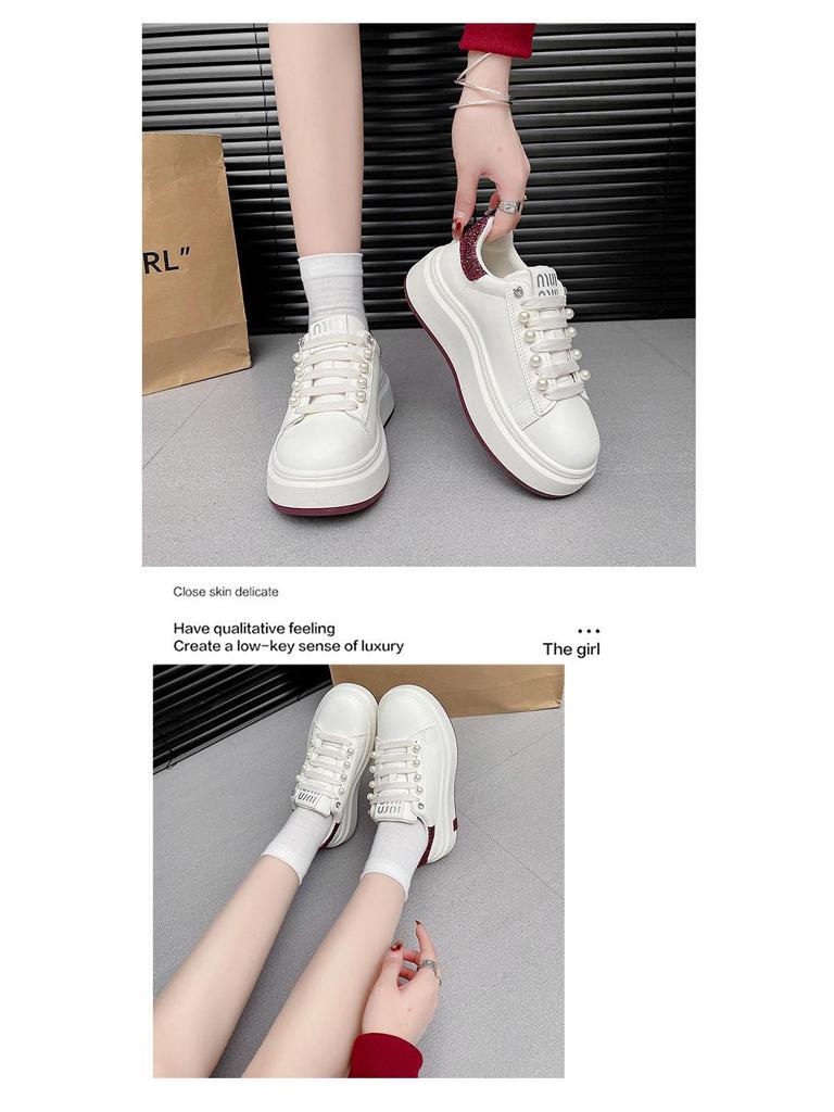 Pearl Women's High-End White Sneakers - Spring/Autumn Thick Sole, Height-Boosting, Versatile Sports Casual Shoes