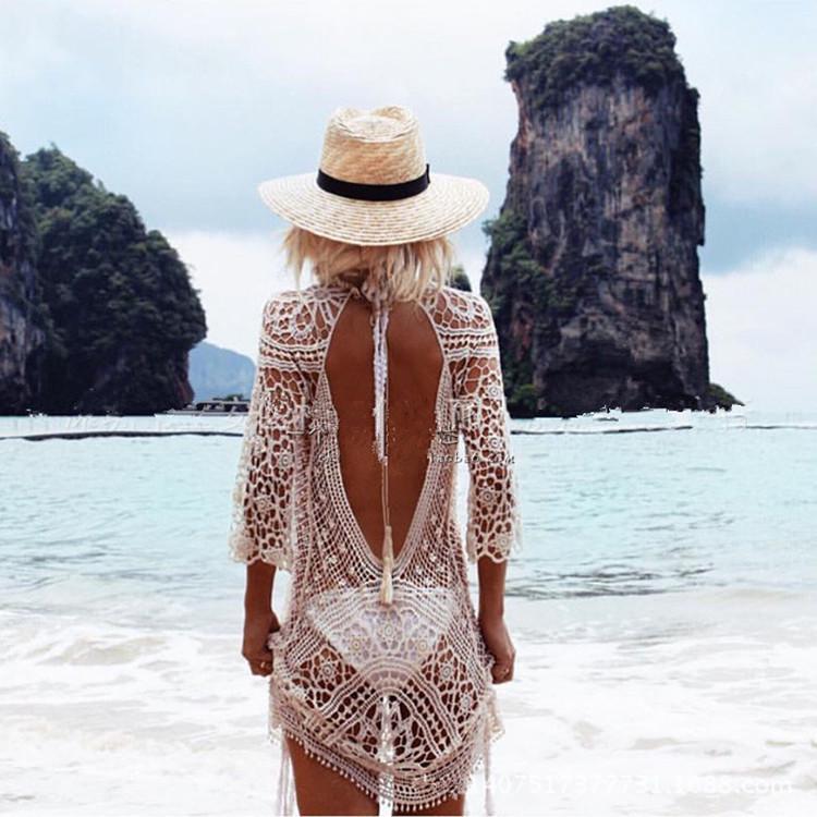 European and American Style Lace Crochet Long Sleeve Beach Cover-Up Dress