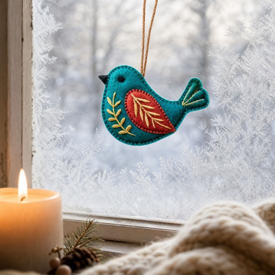 Handmade Felt Bird Ornament, Vintage Embroidery Bird Hanging Decoration, Handcrafted Colorful Bird Christmas Tree Ornament