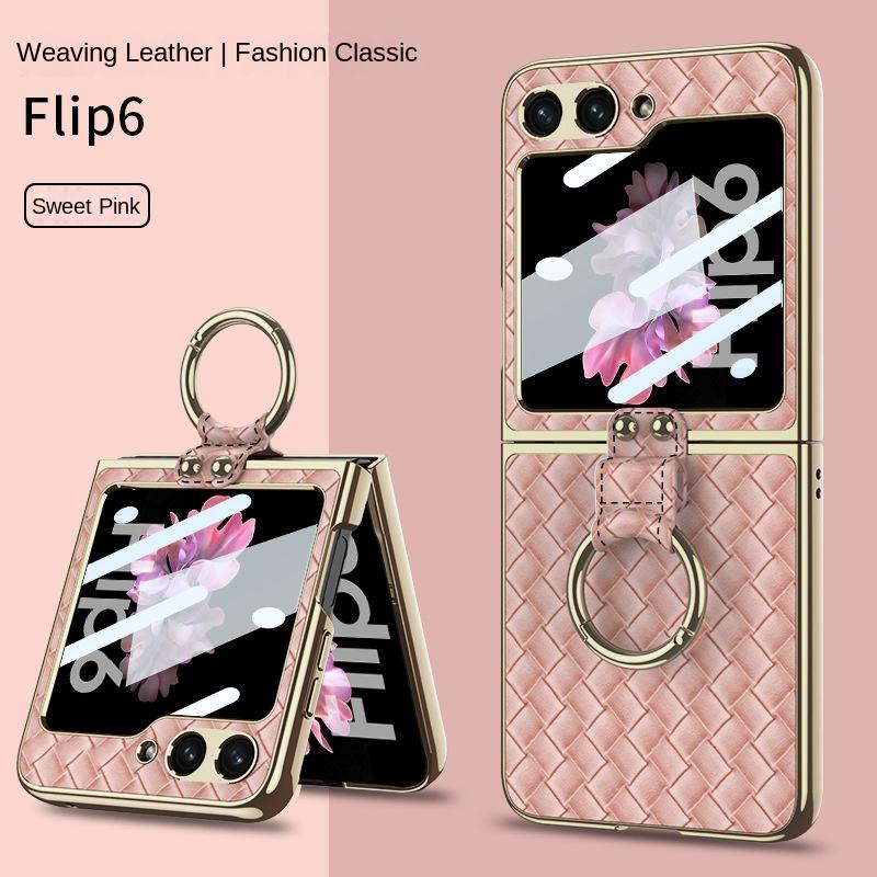 Electroplate Shell Film Weaving Ring Phone Case for Samsung Galaxy Z Flip 6 5 4 Flip6 Flip5 Flip4 Flip3 5G Fall Prevention Cover