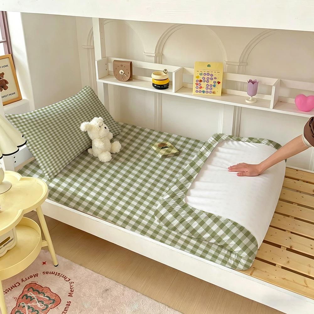 3PCS avocado green small checkered bedding set fitted sheet without a core, soft bedroom bedding decoration
