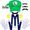 Mario Character Green Octagonal Cap with Navy Blue Strap, Mustache, and Gloves Costume Accessory Set