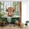 Cow Shower Curtain, Farm Animals Watercolor Spring Cartoon Rustic Plank Flower Butterfly Barrel Sunflower Cowboy Bathroom Decor