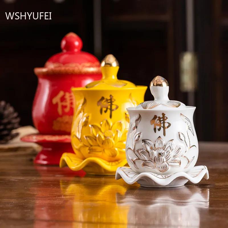 1 шт. Керамическая чаша для святой воды в китайском стиле, кружки для подношения воды в форме лотоса, кружки для воды «Великое сострадание Гуаньинь», буддийские принадлежности