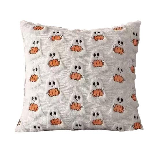 Halloween Decorative Pillow Cover Soft Plush Throw Cushion Case with 3D Embroidered Ghost Pumpkin Design for Couch Sofa Bedroom