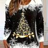 Women's Elegant Christmas Tree Printed Long-sleeved T-shirt Top - Black and White Snowflake Design with Golden Holiday Pattern
