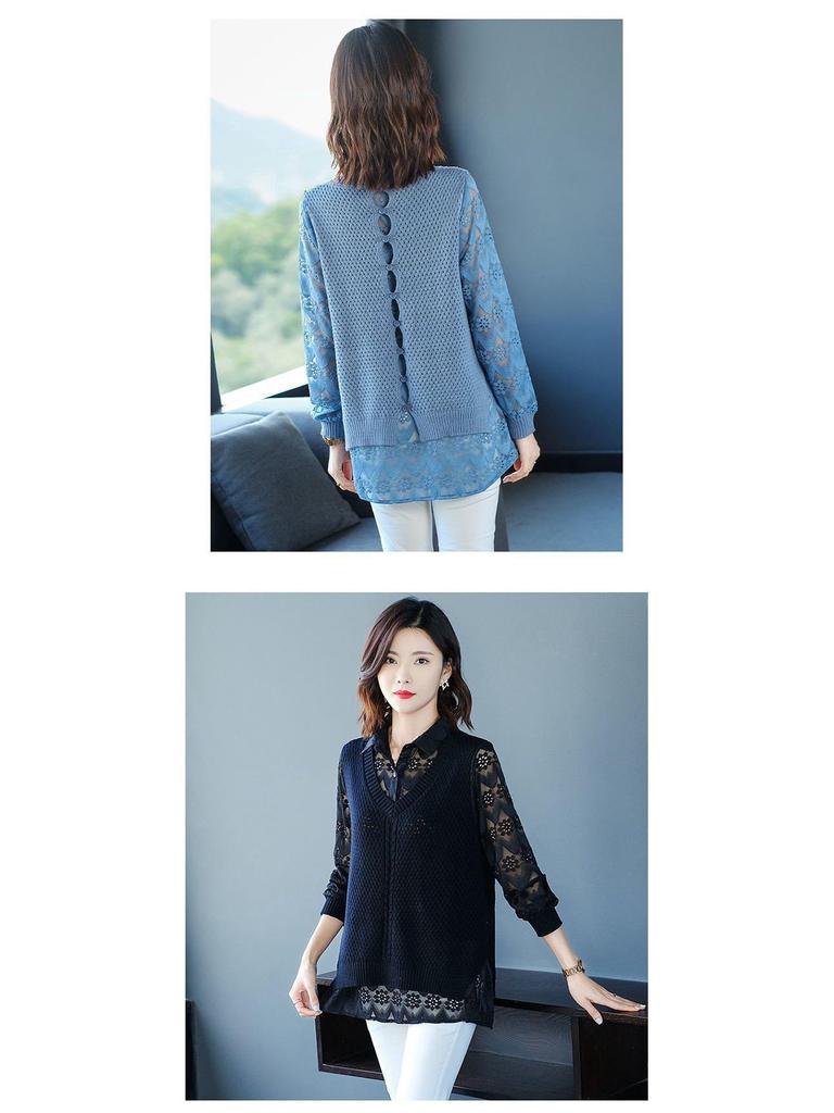 Вязаный костюм в корейском стиле: жилет и кружевной топ