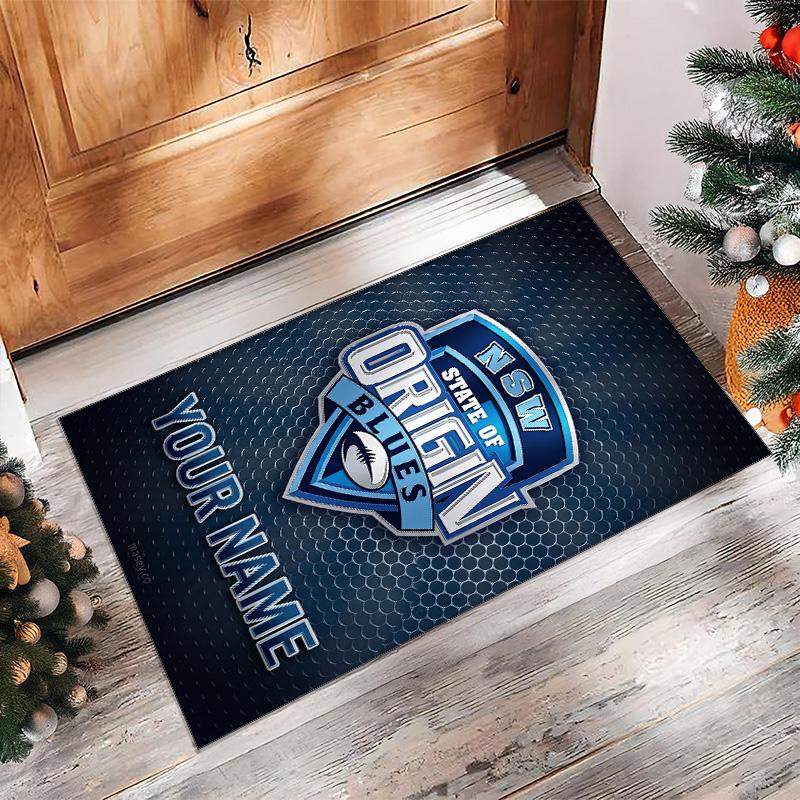 NSW Blues logo Crystal Velvet Rug, Custom Name Text Personalized Non‑Slip Floor Mat for Home Decor Gift