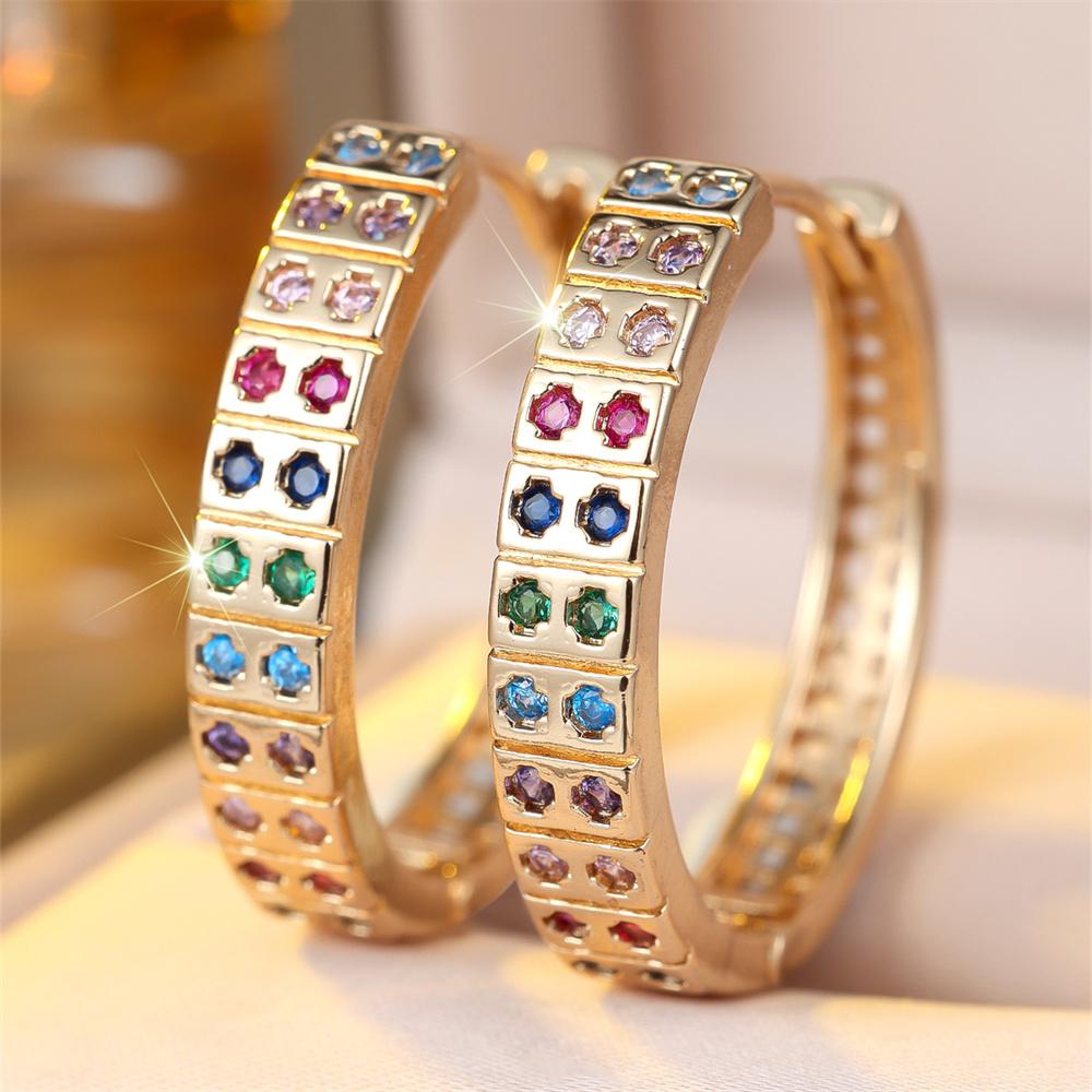 Double Row Rainbow Zircon Small Round Stone Hoop Earrings For Women Vintage Gold Color Ear Buckle Wedding Jewelry Valentine Gift