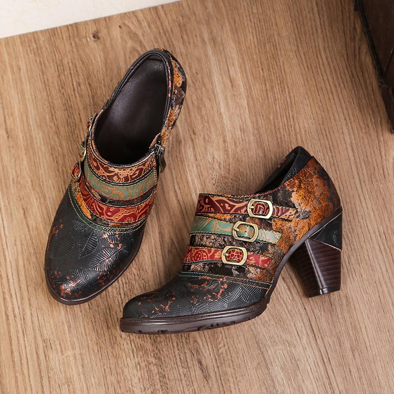 Johnature Туфли-лодочки из натуральной кожи, женская обувь, модная женская обувь ручной работы на высоком каблуке с круглым носком в стиле ретро с принтом