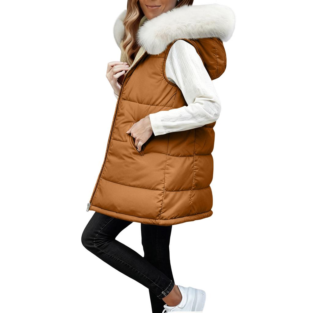 Women's Long Vest Plain Sleeveless Hood Winter Vest Outwear Jacket Lightweight Warm Coat Outerwear
