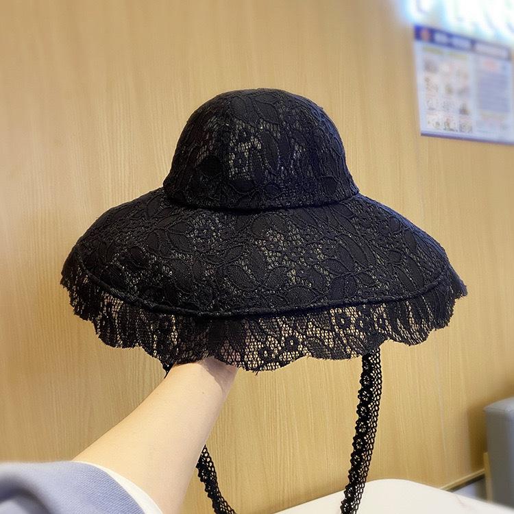 Women Big Eaves Lace Bucket Hat Summer Hollow Thin Sun Hat Strap Foldable Sun Hat