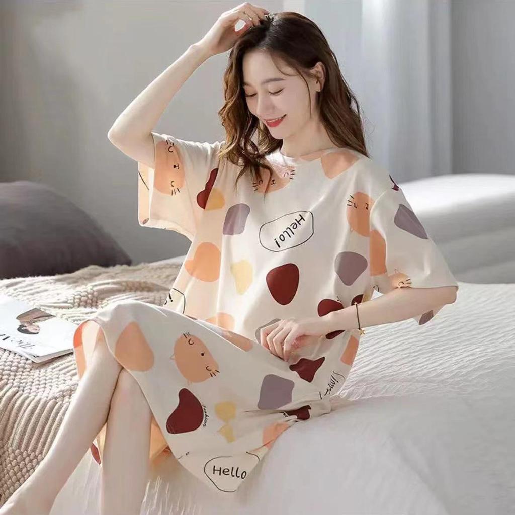 2024 Women's Cute Cartoon Summer Short-Sleeve Nightdress, Thin Large Size, Indoor/Outdoor Wear