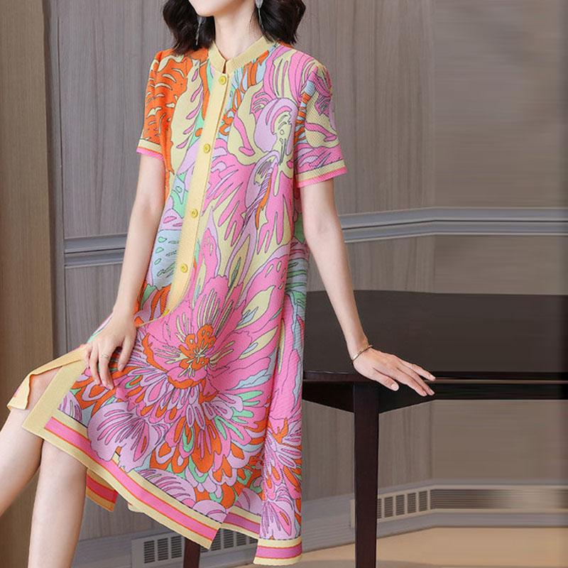 Плиссированное тонкое летнее и весеннее платье женское повседневное свободное женское модное платье с коротким рукавом и воротником-стойкой с принтом женские топы