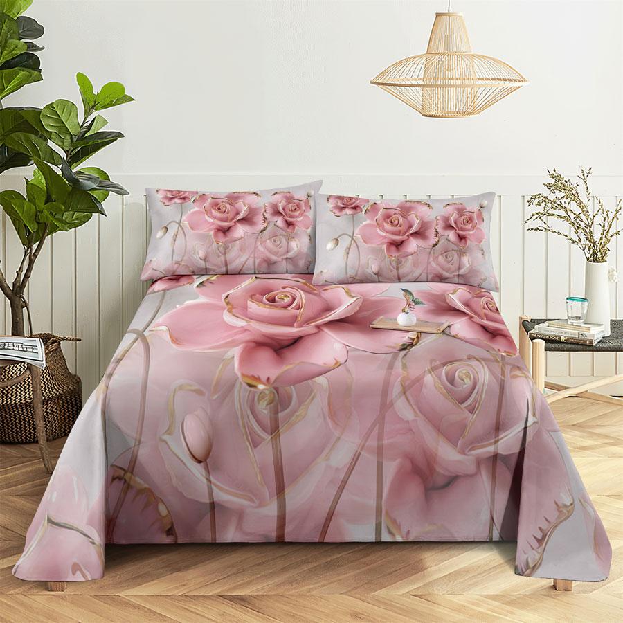 Bedsheets Set With Pillows Case Queen Size Soft Bed Sheets And Pillowcases For Single Double Beds Twin Pink Flower Thin Fabric