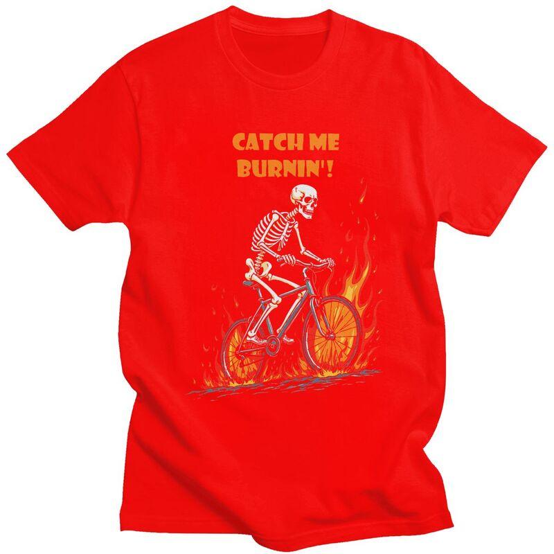 Мужские футболки с принтом 'Catch Me Burnin Bicycle Cyclist Skeleton', 100% хлопок, с коротким рукавом, модные, одежда