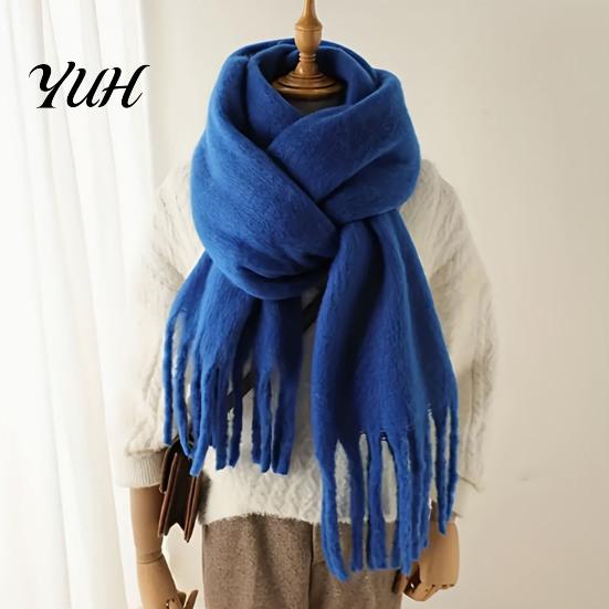 Elegant Solid Color Neck Scarf Thickened Imitation Rabbit Velvet with Tassels for Women, Winter Warm Scarves Women Wrap, Shawl, Soft Warmer