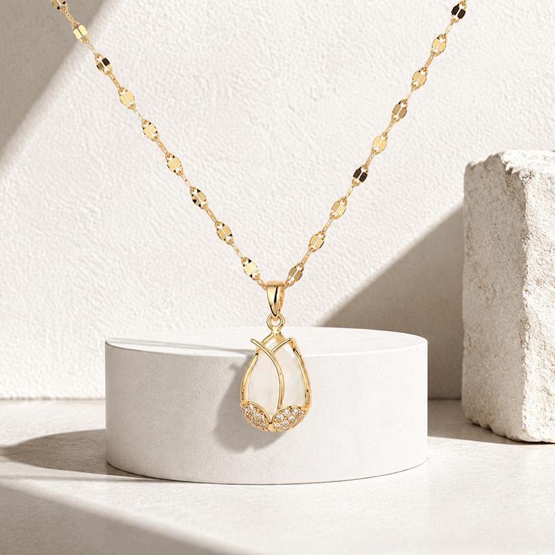 Women's Tulip Pendant Necklace Gold Tone with Cat Eye Opal and Sparkling CZ Delicate Clavicle Chain Pendant Jewelry Gift for Wedding Party