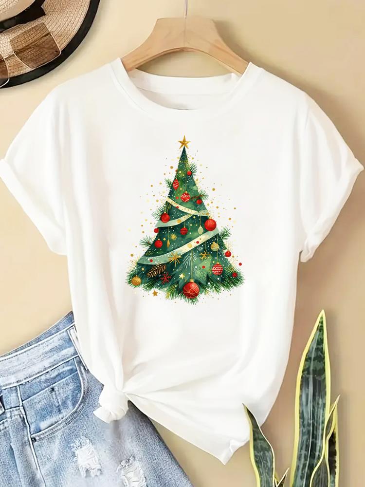 (Asian Size) New Year T Clothing Short Sleeve T-shirts  Print Merry Christmas Plaid Tree Style O-neck Women's Top Fashion Holiday Graphic Tee