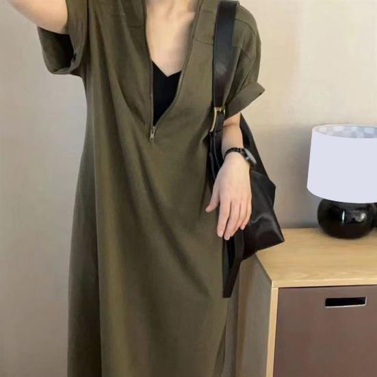 Женское летнее платье-футболка с коротким рукавом, полумолнией, V-образным вырезом, макси-платье, повседневный длинный сарафан с карманами для пляжного отдыха