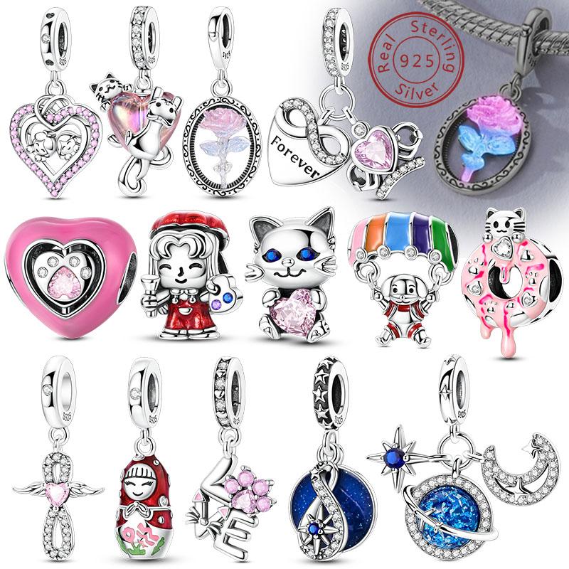 New Original Copper Charms Bead Luminous Rose Cat Planet Star Moon Pendant Fit Women Bracelet Necklace Jewelry Gift