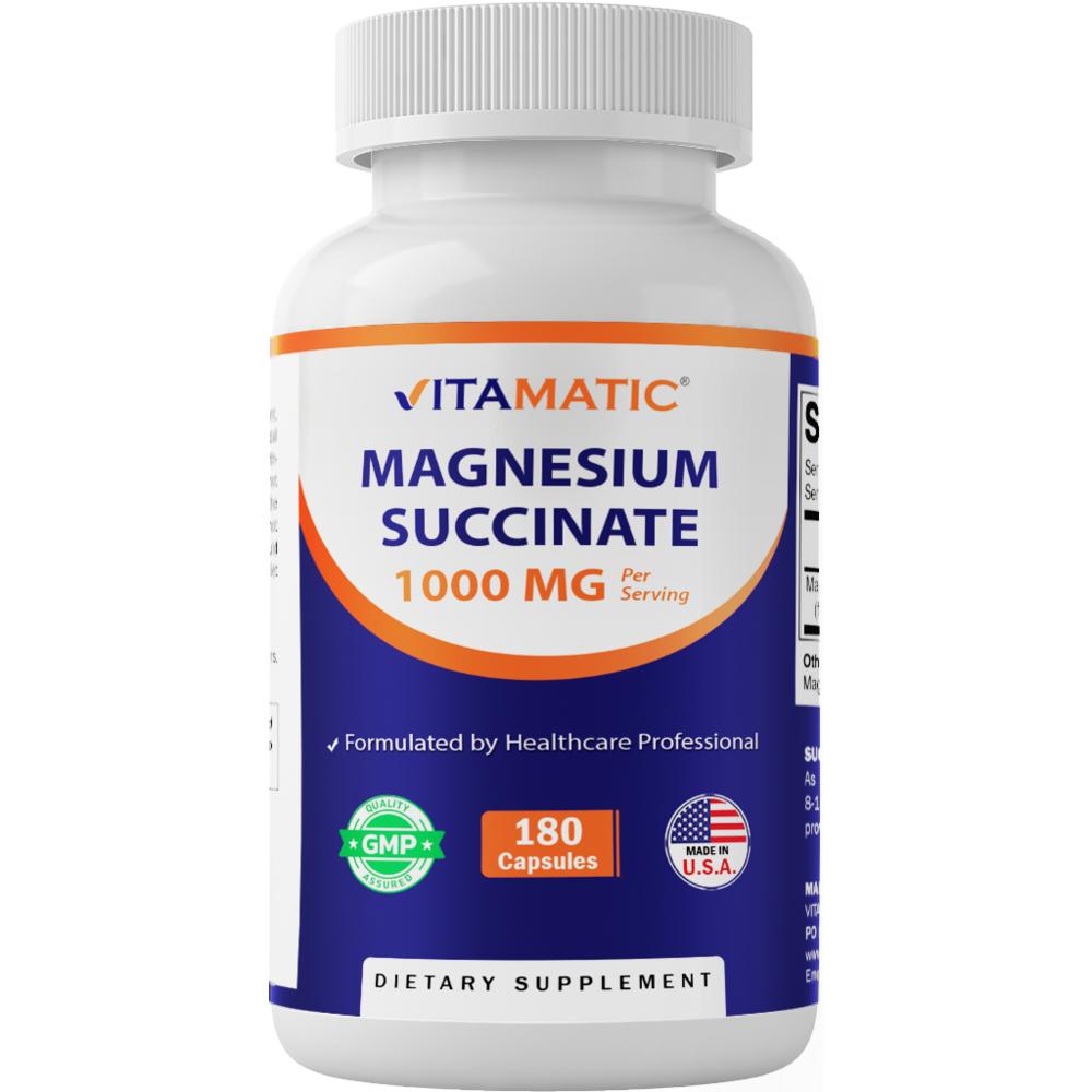 Vitamatic Сукцинат Магния 1000 мг на порцию - Содержит 90 мг Магния - 180 капсул в упаковке