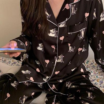 Женская пижама с длинным рукавом из ледяного шелка - Дизайн с воздушными шарами в виде сердец, Весна/Лето, Тонкий стиль для ношения в общежитии или дома.