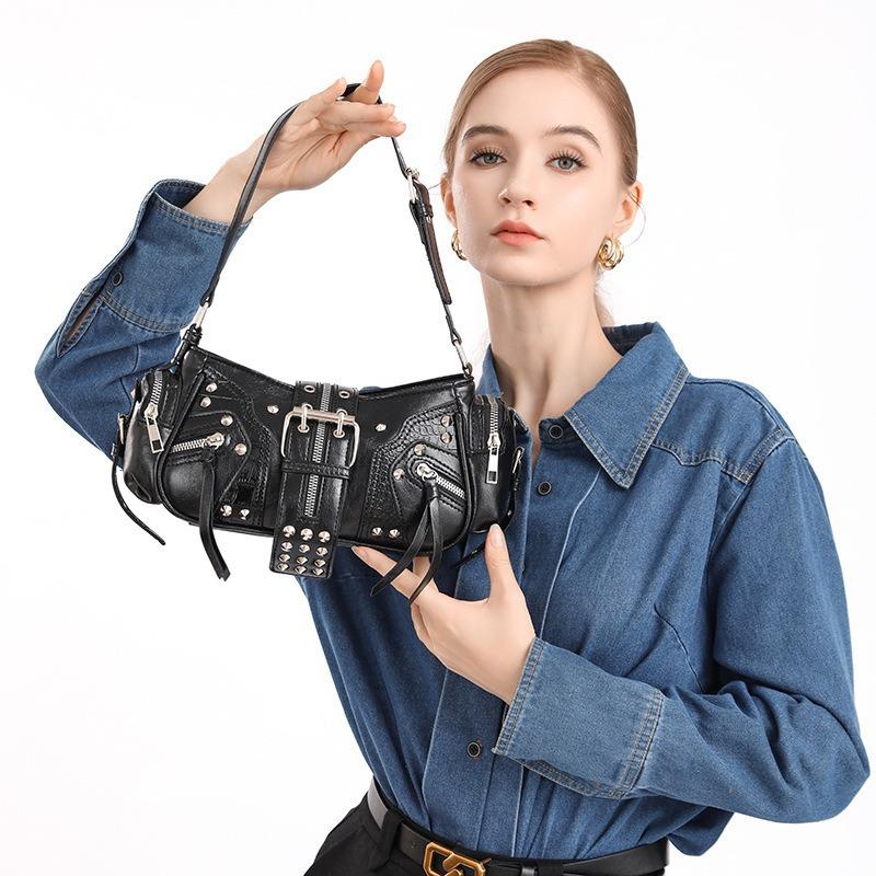Cross-Border New European and American Retro Fashion Handbag Niche Design Hot Girl Y2K Single Shoulder Commuter Crossbody Motorcycle Bag